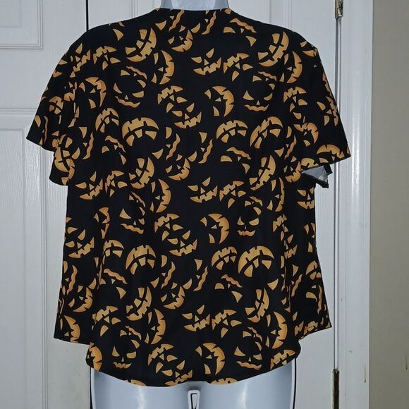 Flutter Sleeve Tie Front Halloween Pumpkin Jack O Lantern Blouse Top Sz XL NWT - Picture 4 of 6